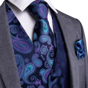 Luxury Blue Purple Paisley Jacquard Silk Men's Vest Hanky Cufflinks Tie Set Waistcoat Suit Set