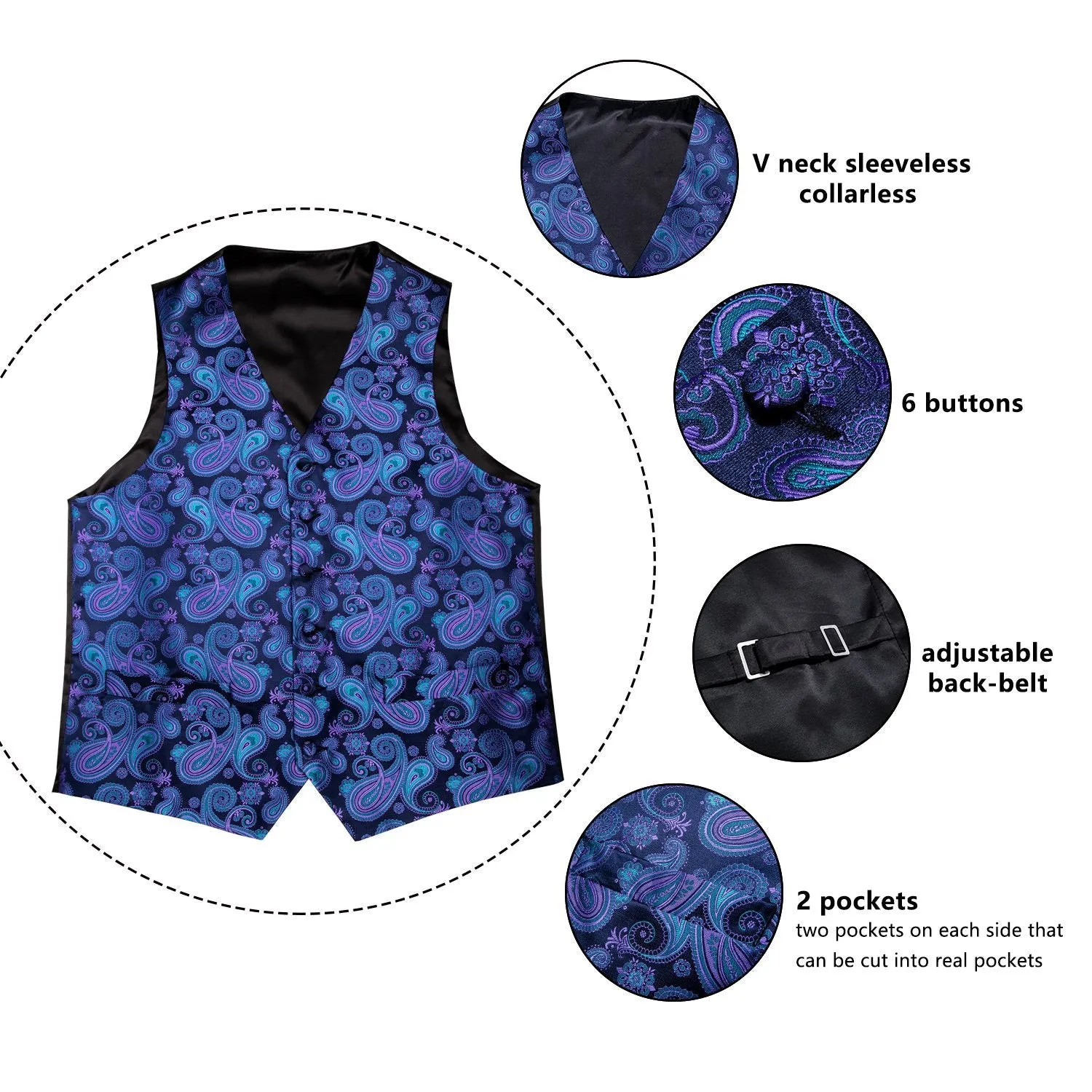 Luxury Blue Purple Paisley Jacquard Silk Men's Vest Hanky Cufflinks Tie Set Waistcoat Suit Set