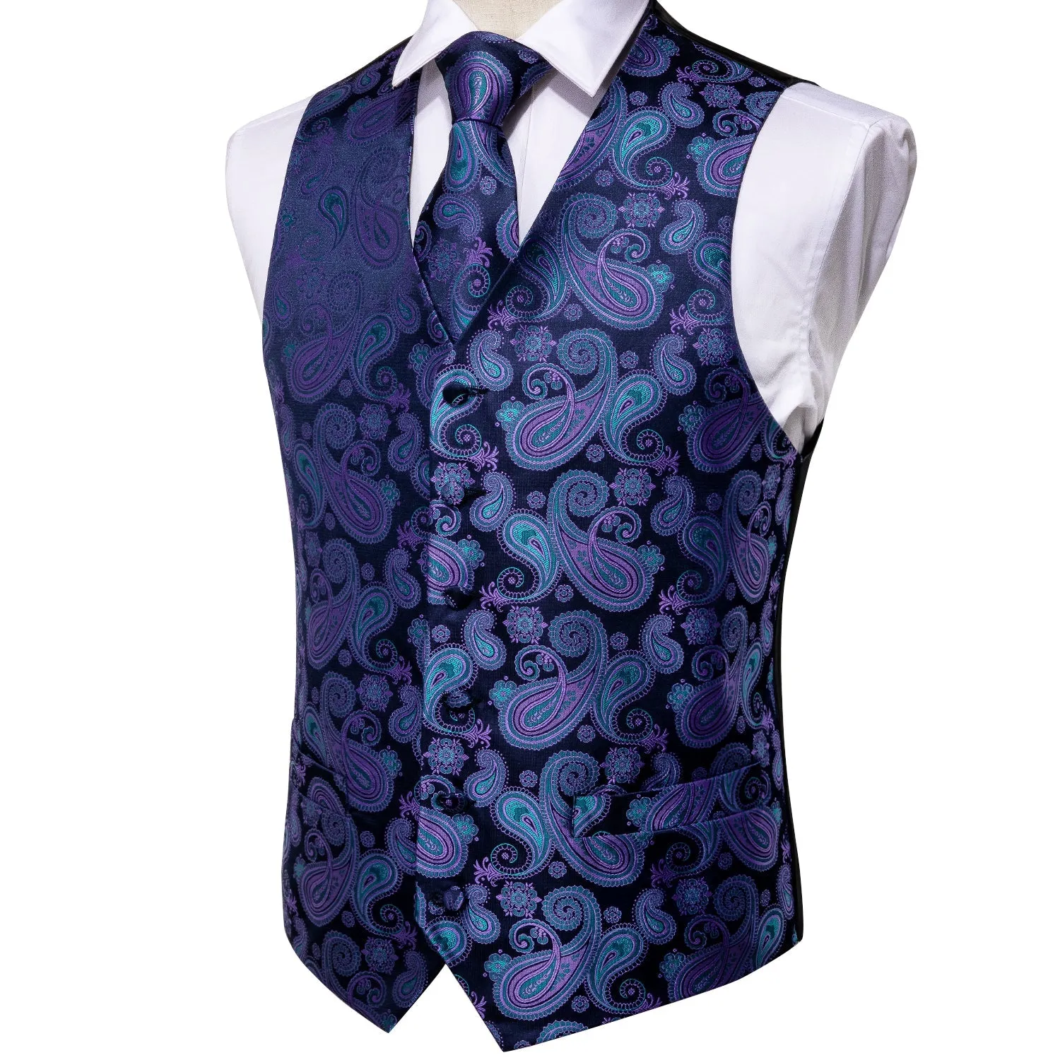 Luxury Blue Purple Paisley Jacquard Silk Men's Vest Hanky Cufflinks Tie Set Waistcoat Suit Set