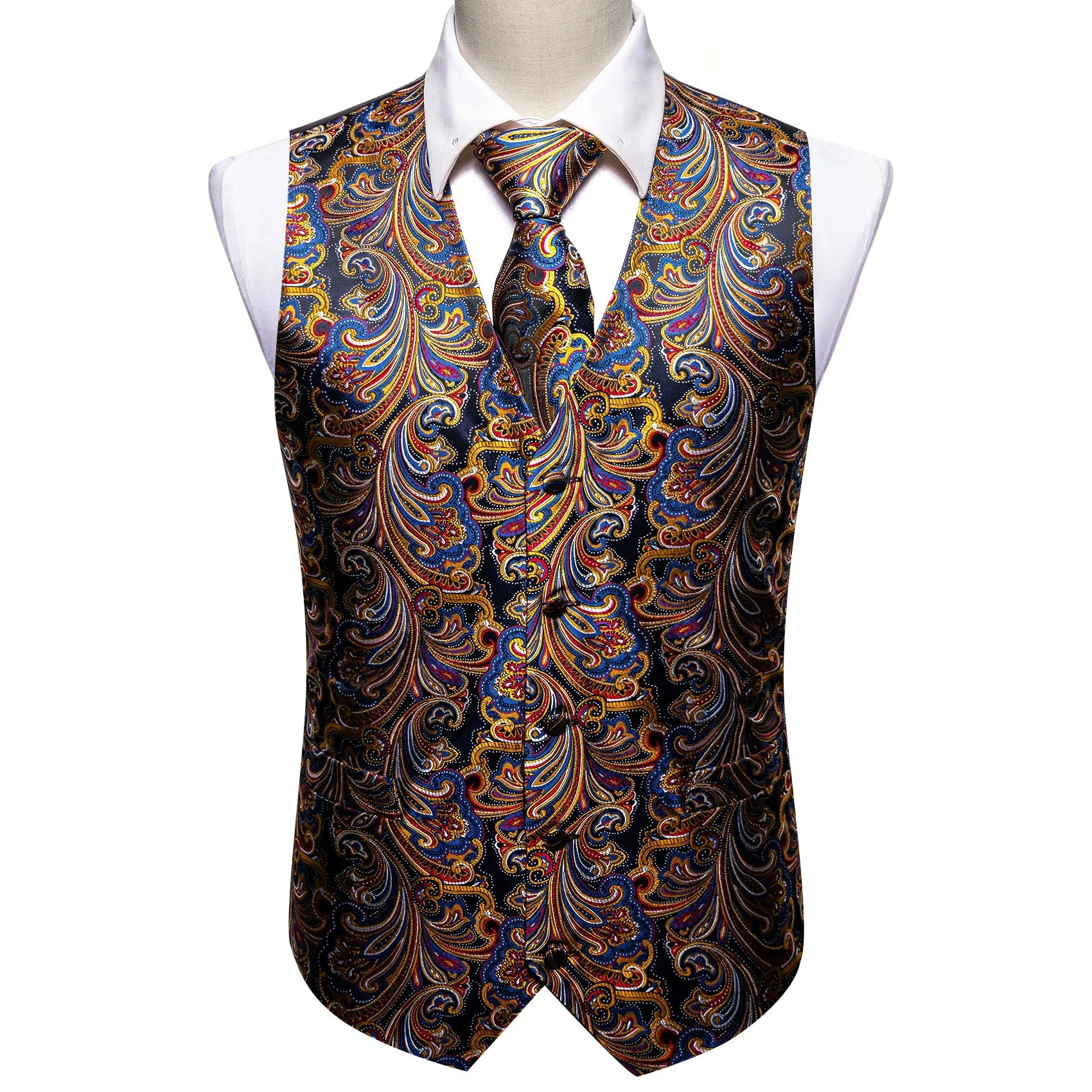 Luxury Golden Blue Paisley Jacquard Silk Men's Vest Hanky Cufflinks Tie Set