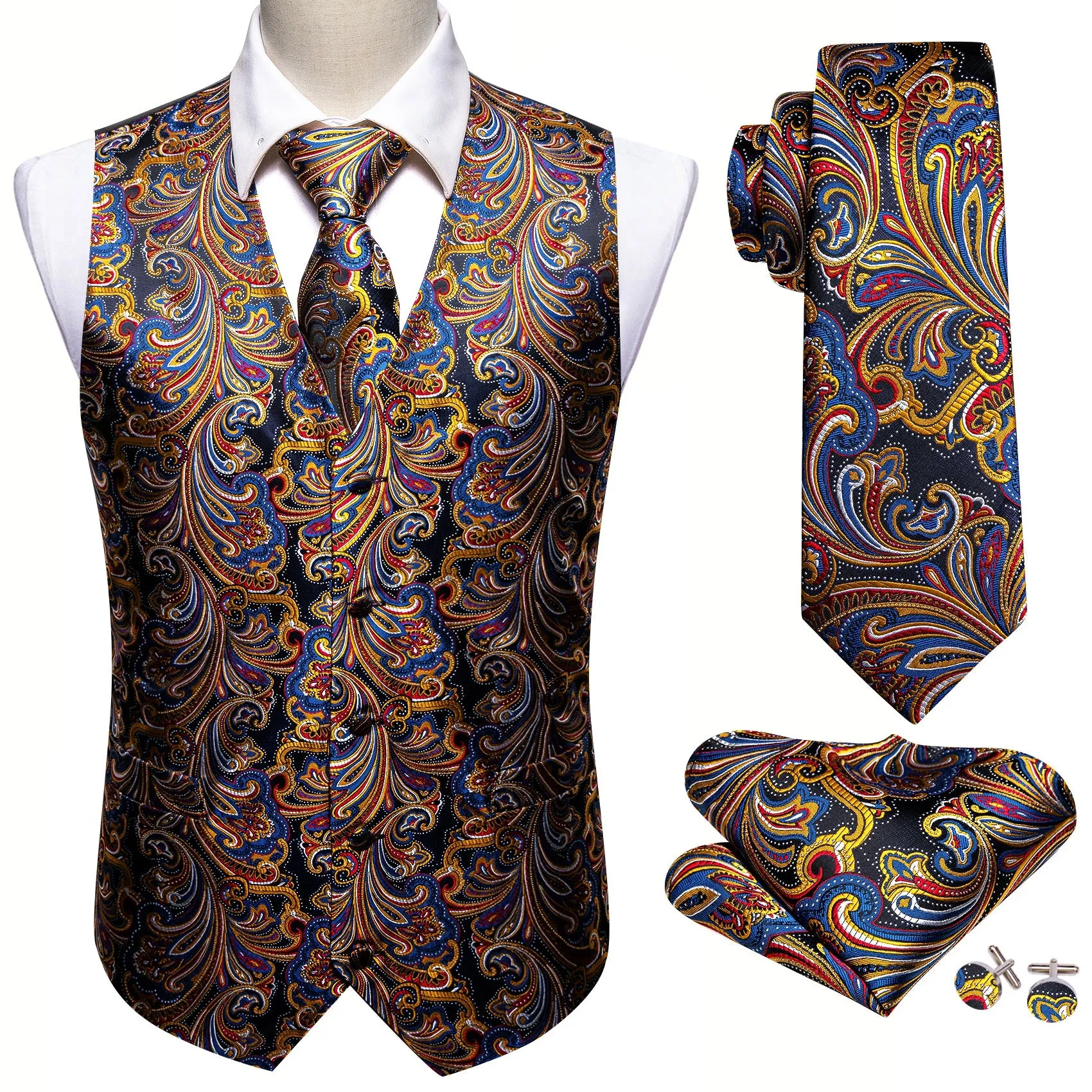 Luxury Golden Blue Paisley Jacquard Silk Men's Vest Hanky Cufflinks Tie Set