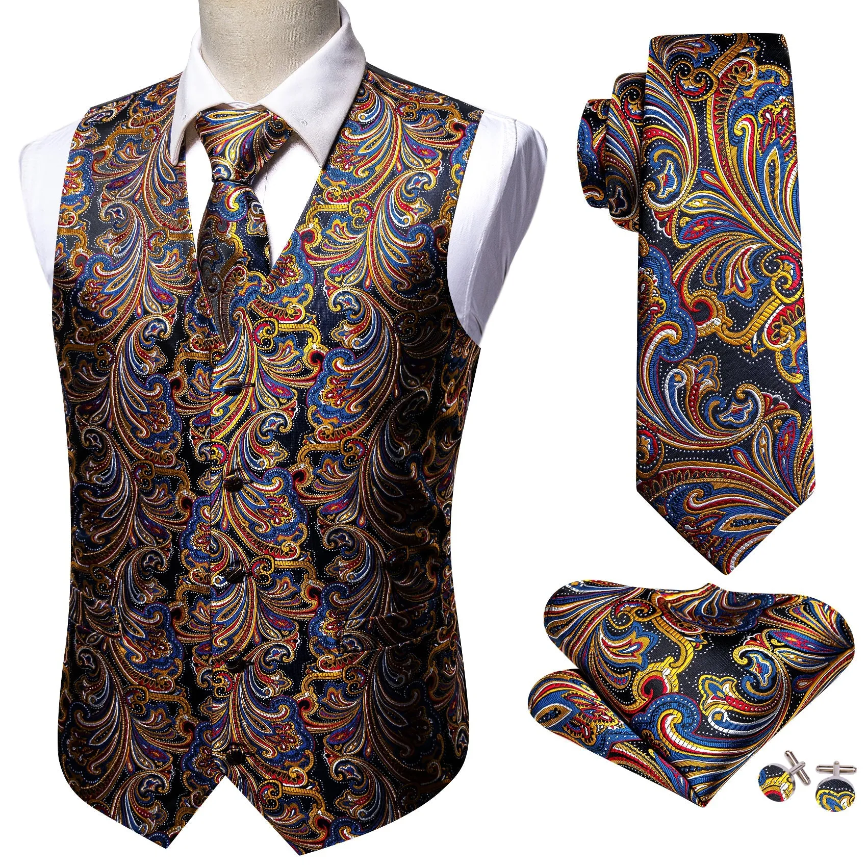 Luxury Golden Blue Paisley Jacquard Silk Men's Vest Hanky Cufflinks Tie Set