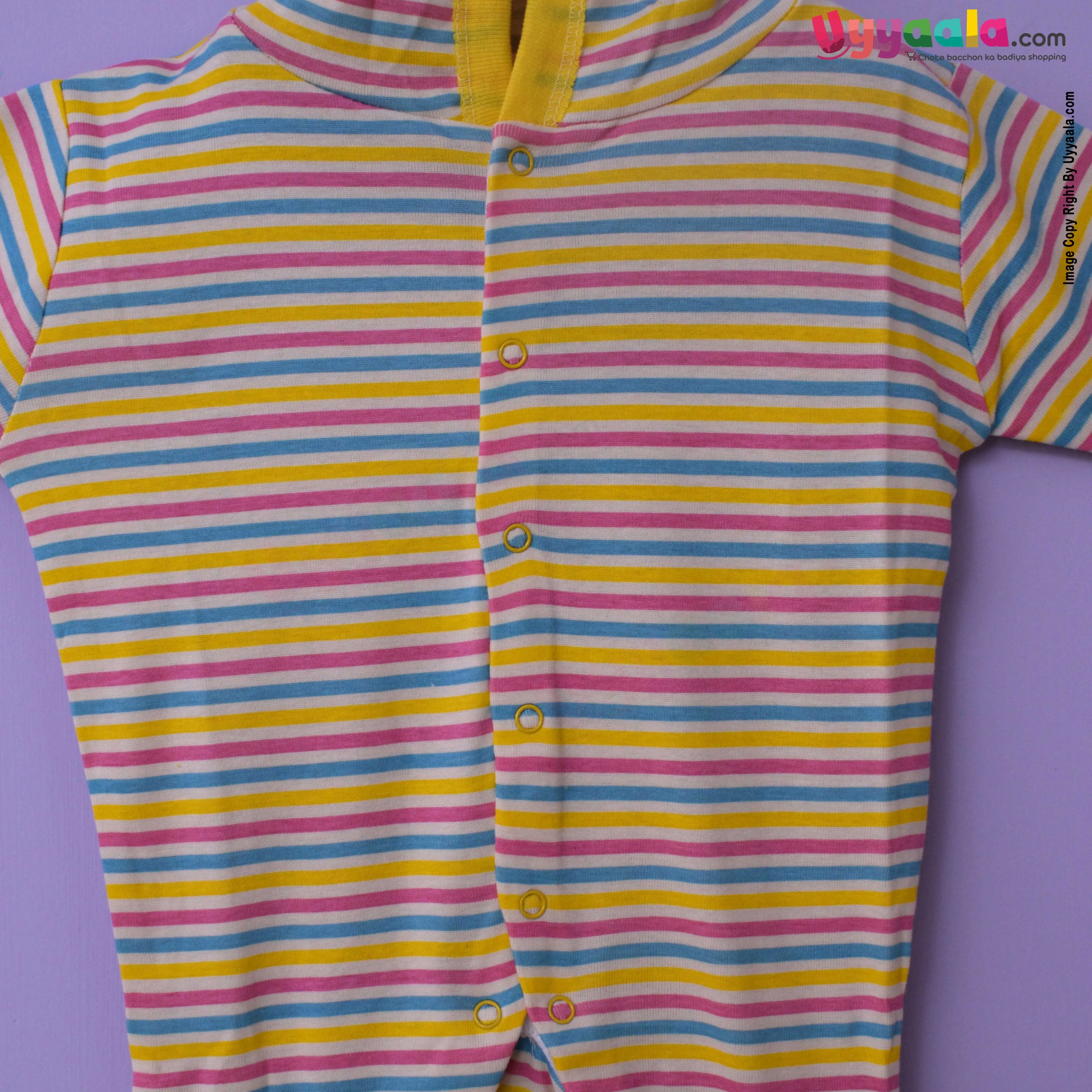 MAGIC TOWN Hooded Sleep Suits Hosiery Pink, Blue, Yellow Stripes & Dog Print White 2P Pack - 0-3 Age