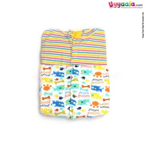 MAGIC TOWN Hooded Sleep Suits Hosiery Pink, Blue, Yellow Stripes & Dog Print White 2P Pack - 0-3 Age