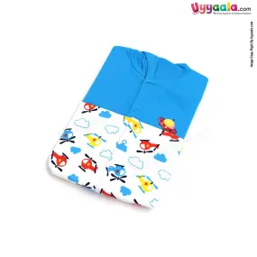 MAGIC TOWN Hooded Sleep Suits Hosiery Plain Sky Blue and Chopper Clouds Print White 2P Pack, New Born