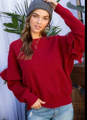 Main Strip Round Neck Ruffle Sleeve Sweater