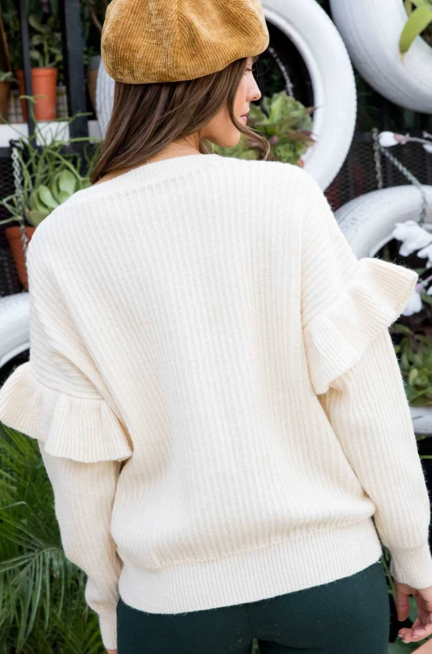 Main Strip Round Neck Ruffle Sleeve Sweater