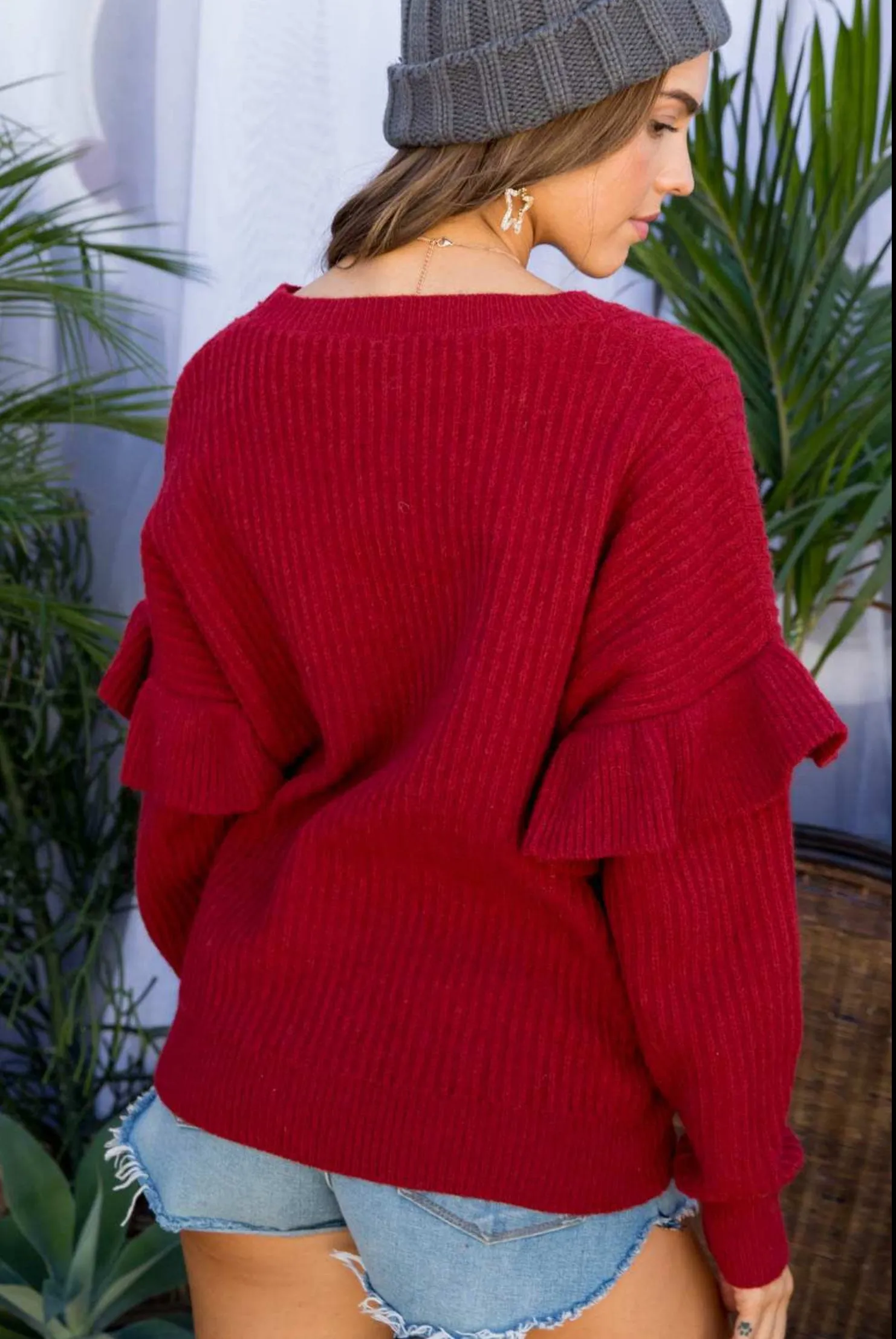 Main Strip Round Neck Ruffle Sleeve Sweater