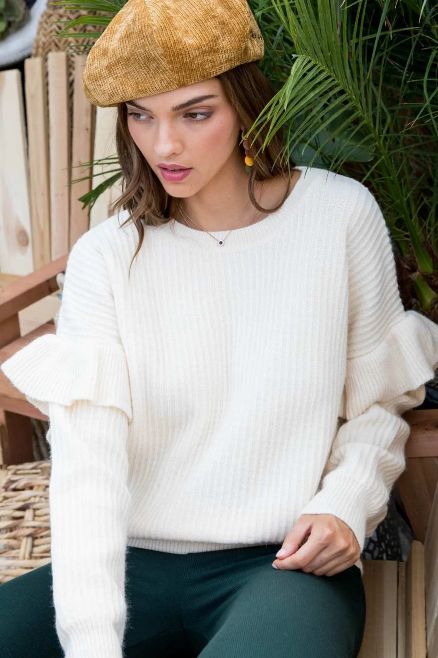 Main Strip Round Neck Ruffle Sleeve Sweater