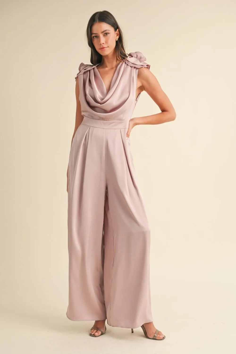 Marla Mauve 3D Floral Applique Deep Cowl Neck Jumpsuit