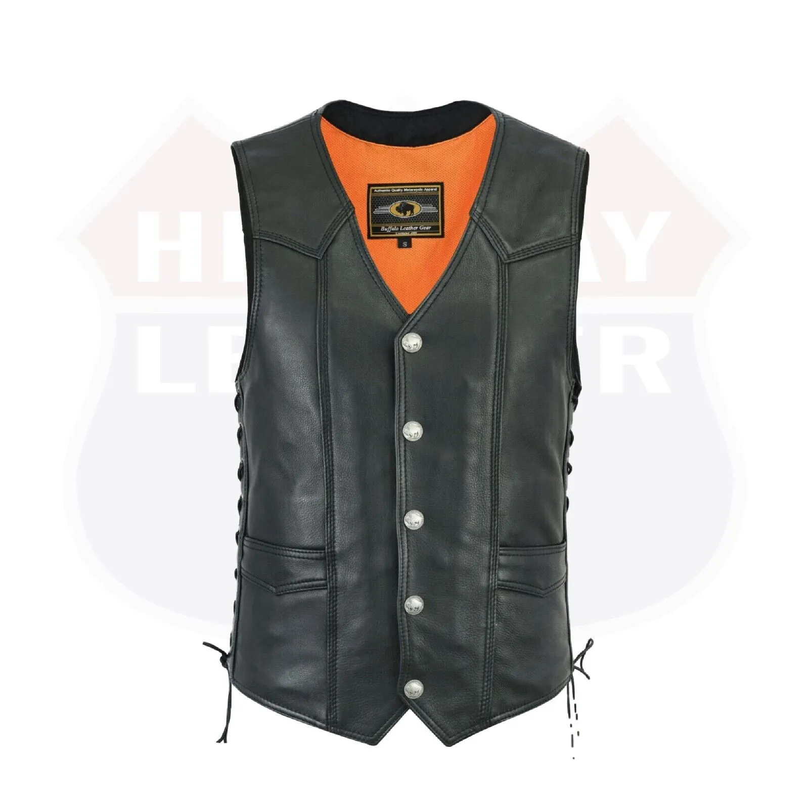 Men Motorcycle Leather Biker Vest Side Lace Pistol Pockets Patch Sew #HL11614NKD