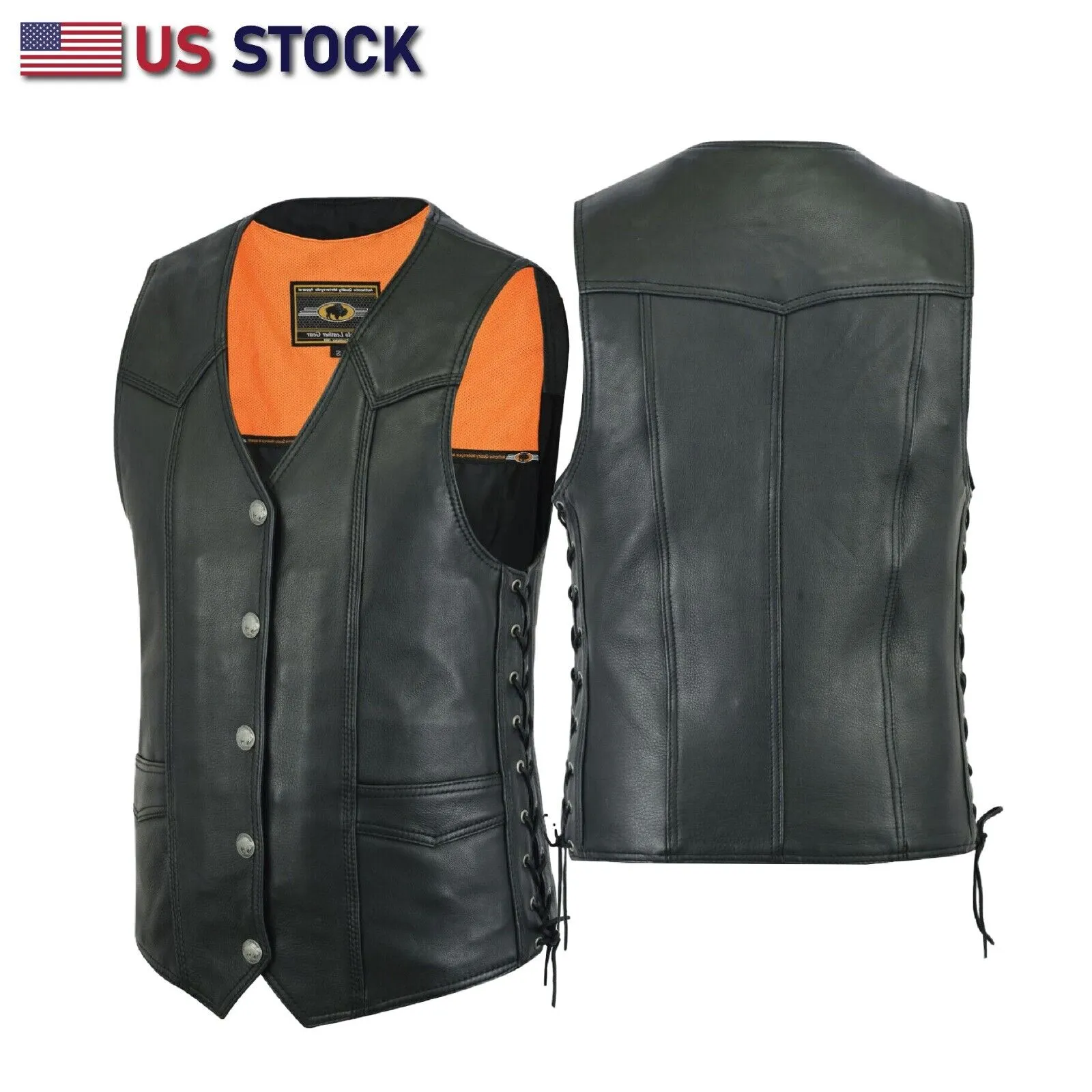 Men Motorcycle Leather Biker Vest Side Lace Pistol Pockets Patch Sew #HL11614NKD