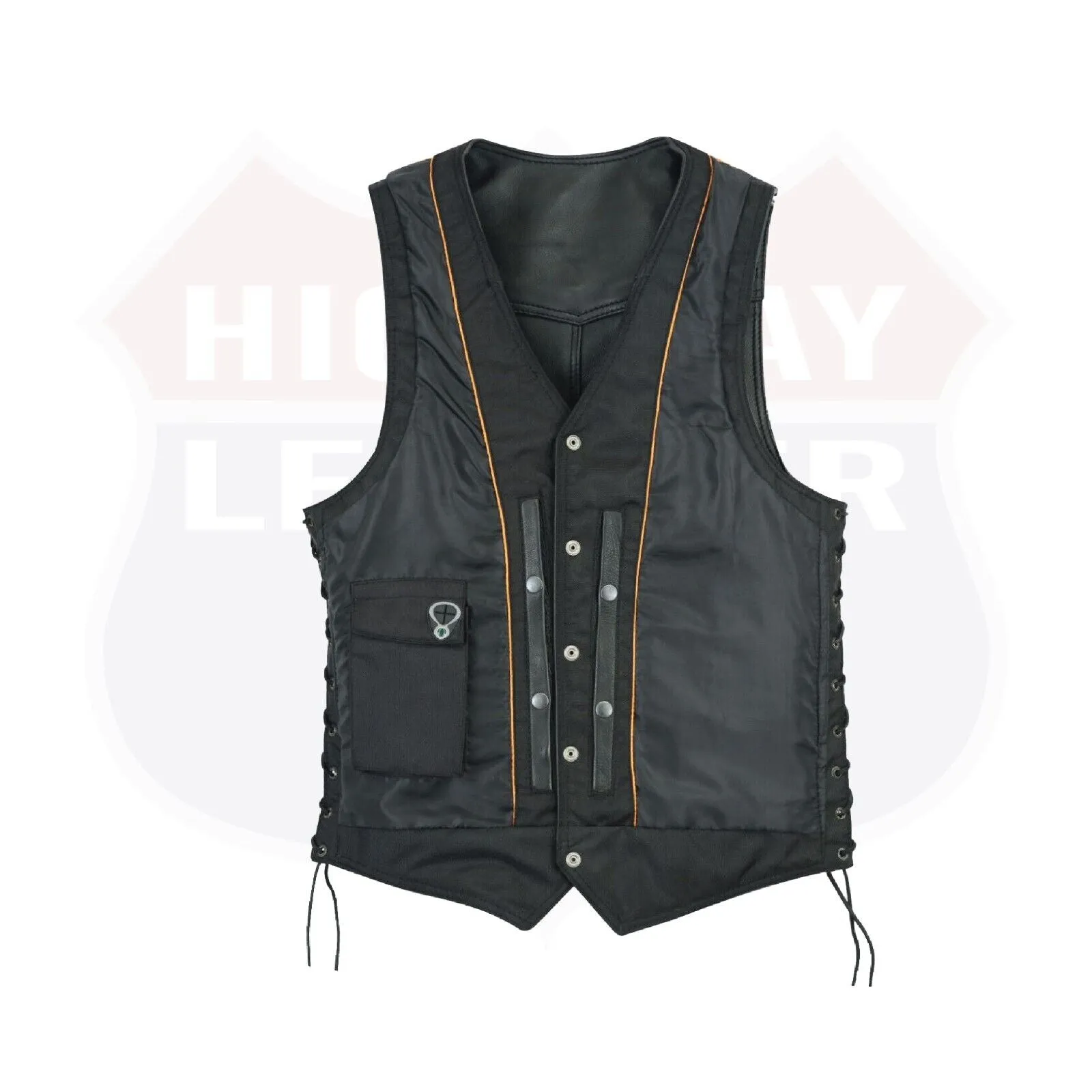 Men Motorcycle Leather Biker Vest Side Lace Pistol Pockets Patch Sew #HL11614NKD