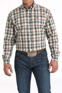 Men's Cinch Green/White Plaid Print Button-Down Western Shirt - MTW1105824