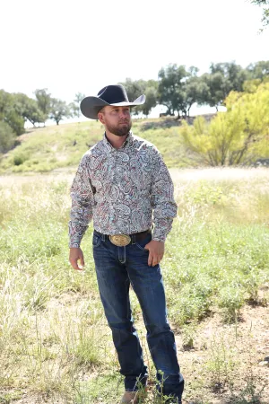 Men's Cinch Paisley Print Button Down Western Shirt Burgundy/Aqua/Brown - MTW1105426