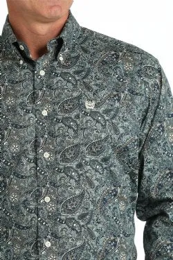 Men's Cinch Stretch Paisley Print Button Down Western Shirt in Green - MTW1105811