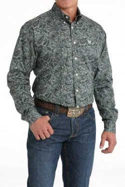 Men's Cinch Stretch Paisley Print Button Down Western Shirt in Green - MTW1105811