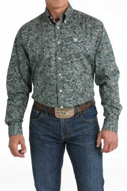 Men's Cinch Stretch Paisley Print Button Down Western Shirt in Green - MTW1105811