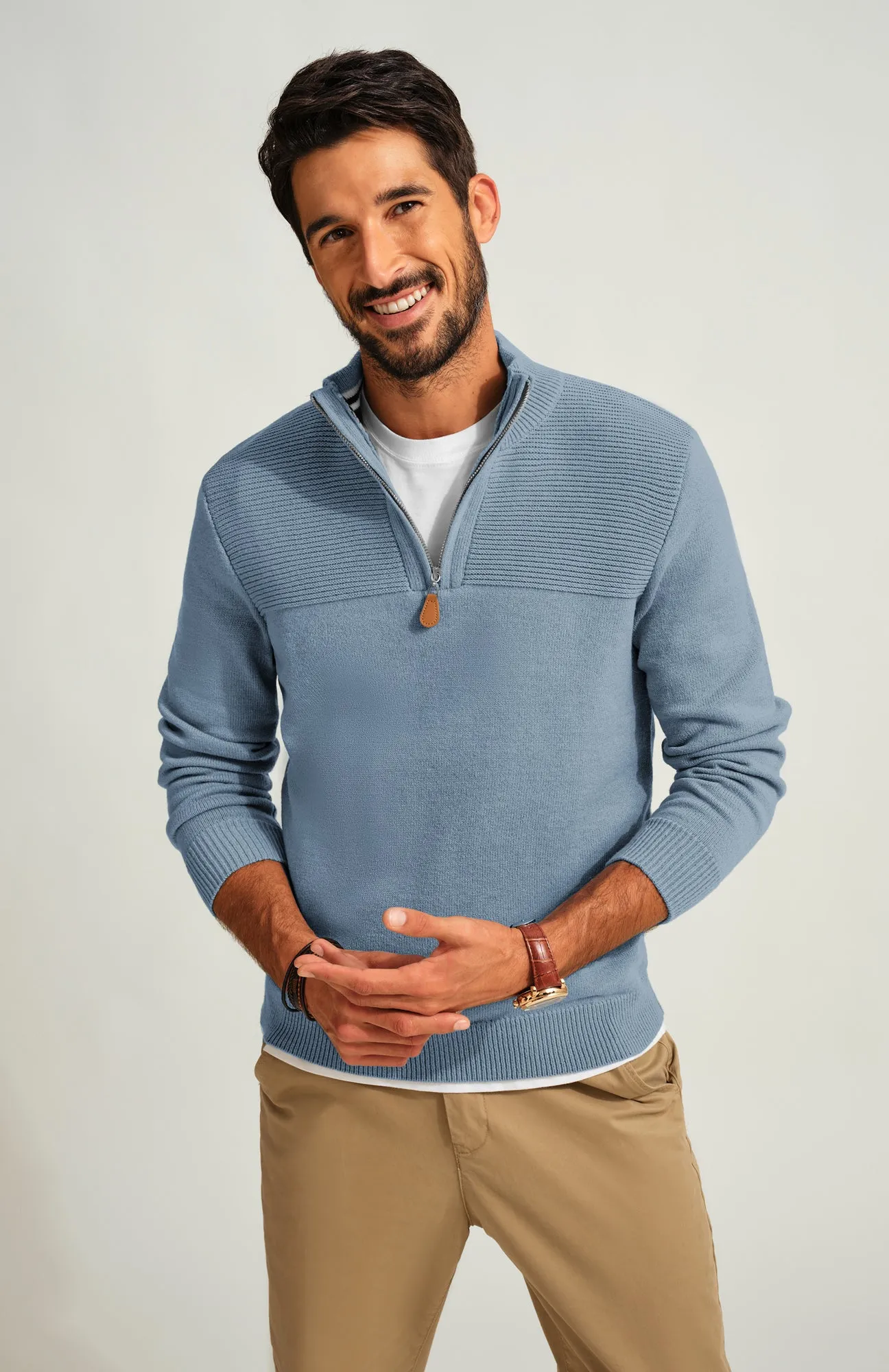 Men's Quarter Zip Sweater Slim Fit Casual Pullover Sweater Mock Neck Polo Sweaters