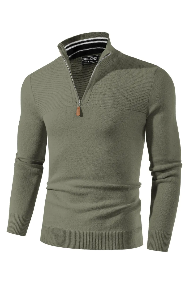 Men's Quarter Zip Sweater Slim Fit Casual Pullover Sweater Mock Neck Polo Sweaters