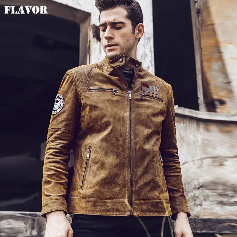 Men's Retro Brown Genuine Leather Bomber Jacket