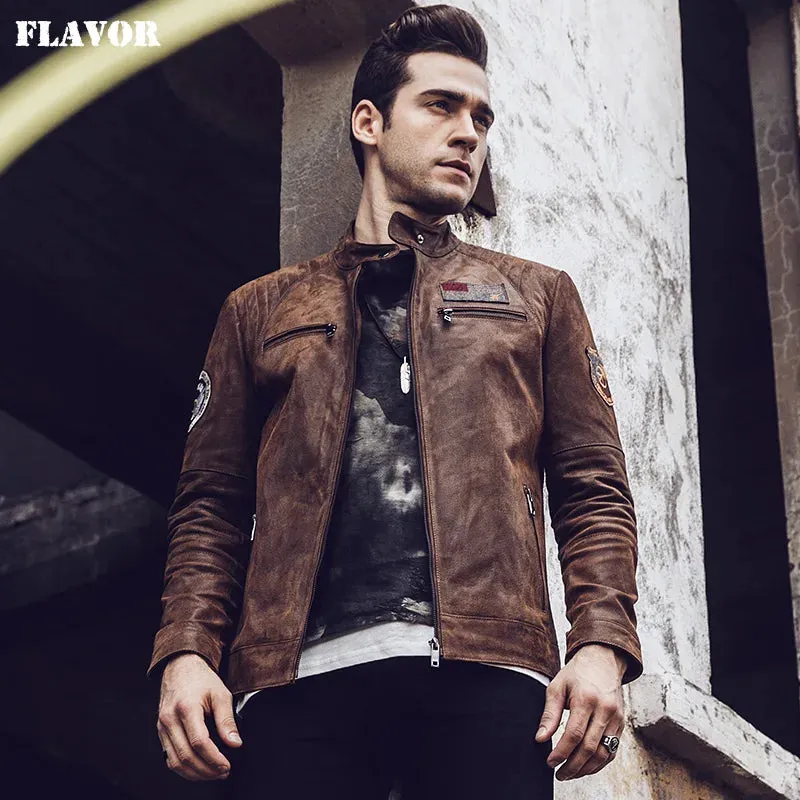 Men's Retro Brown Genuine Leather Bomber Jacket