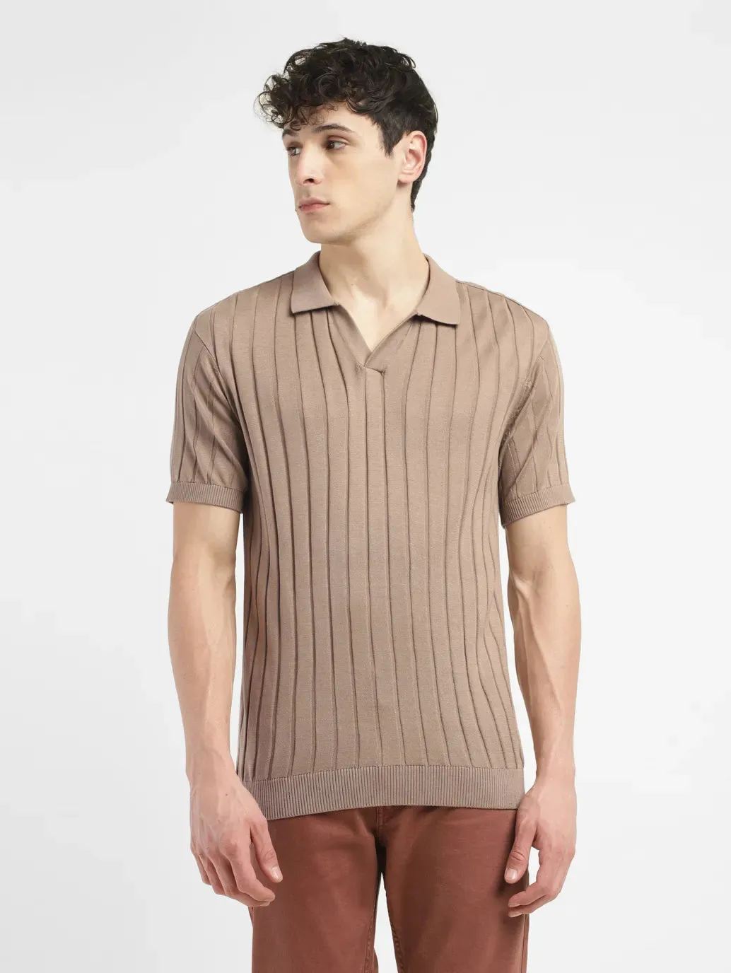 Men's Striped Khaki Polo Collar Sweater