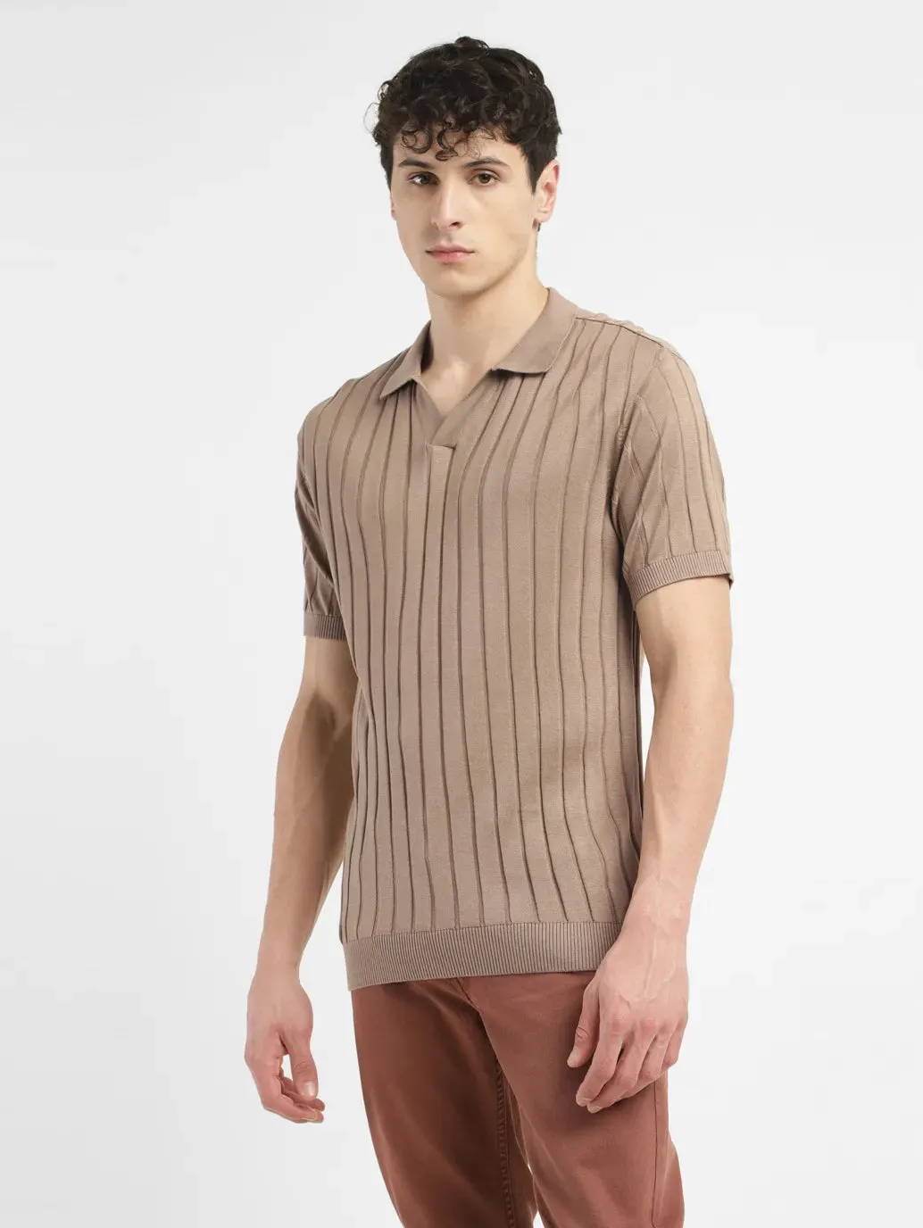 Men's Striped Khaki Polo Collar Sweater