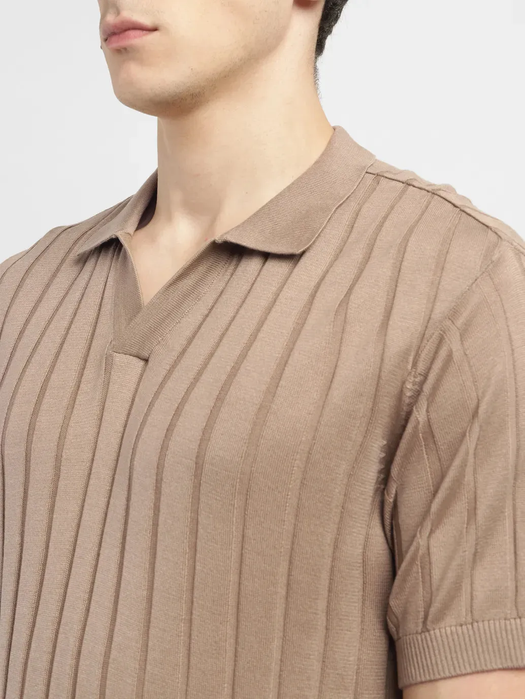 Men's Striped Khaki Polo Collar Sweater