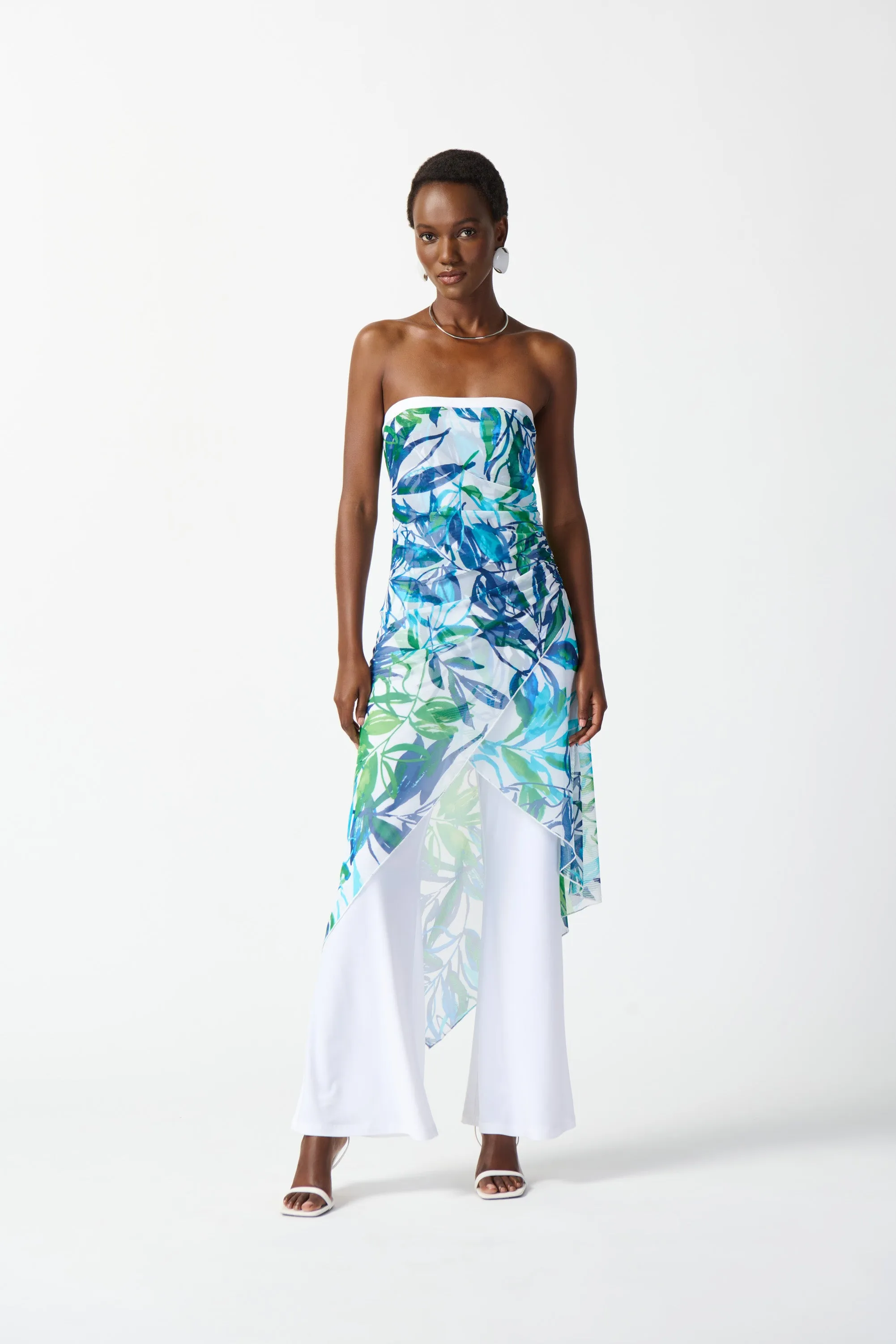 Mesh And Silky Knit Tropical Print Jumpsuit