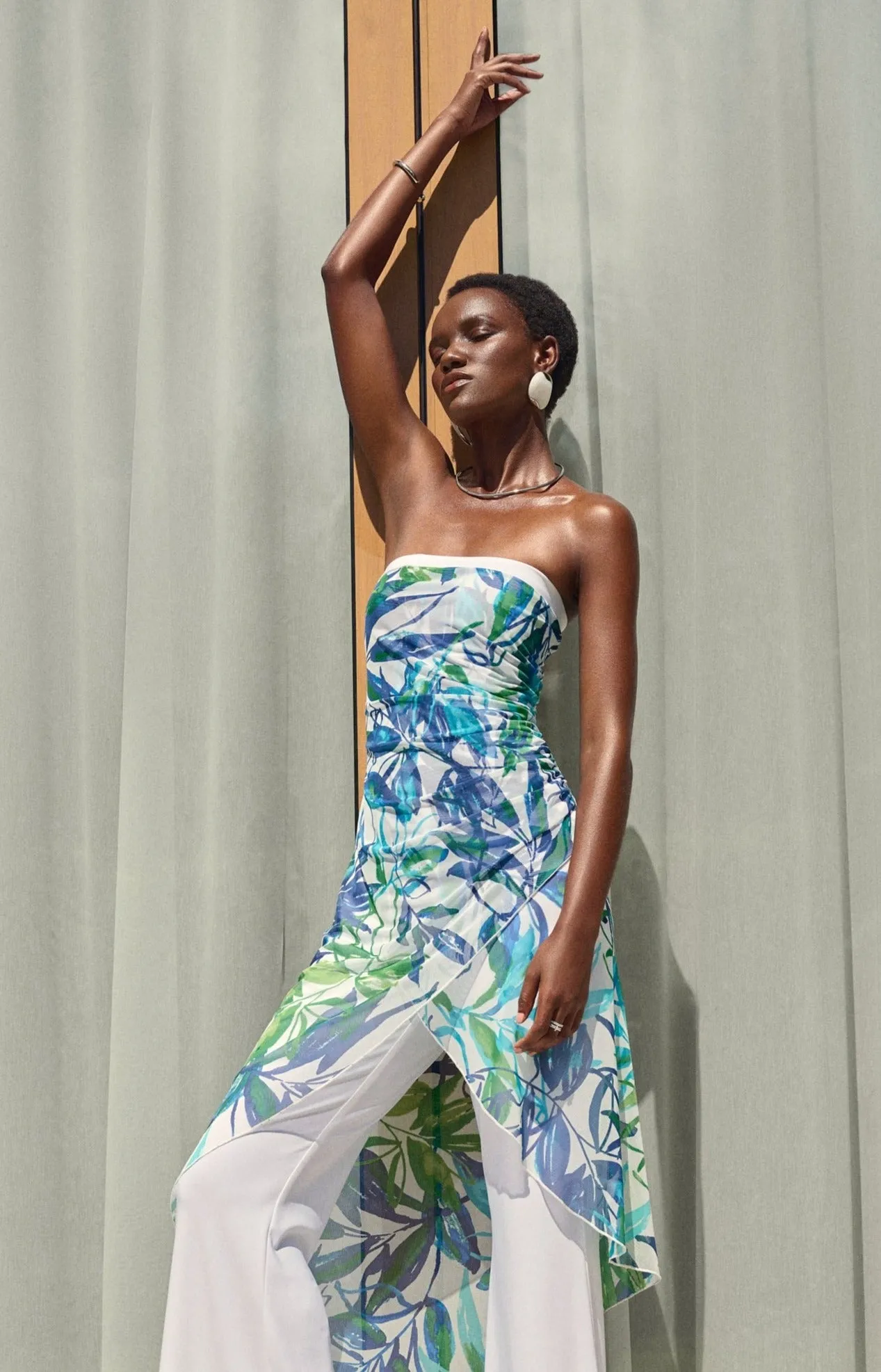 Mesh And Silky Knit Tropical Print Jumpsuit