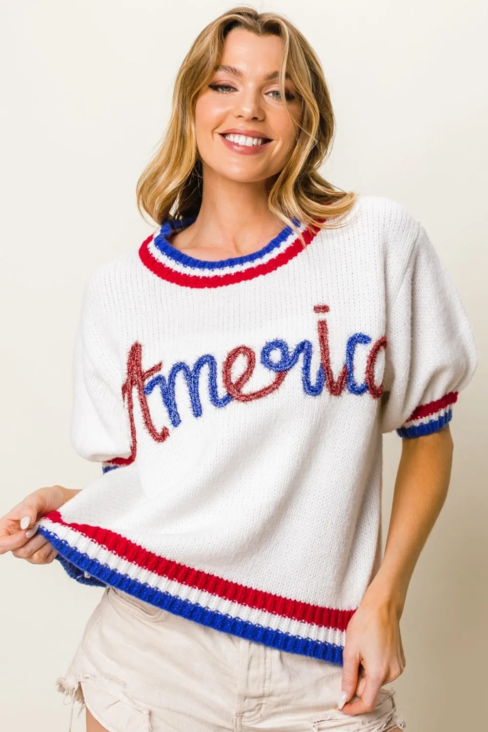 Metallic America Letter Short Sleeve Sweater