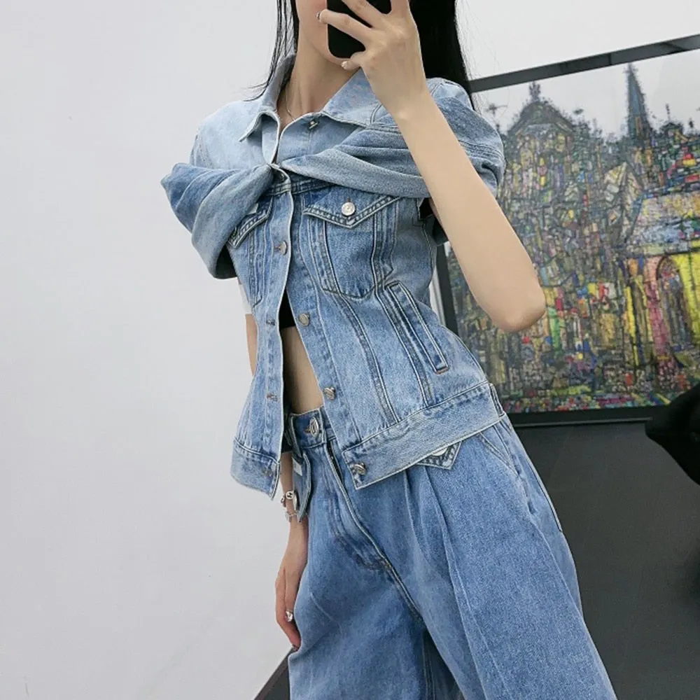 Minimalist Denim Jackets For Women Lapel Long Sleeve Patchwork Single Breasted Loose Jacket Female Fashion Clothes