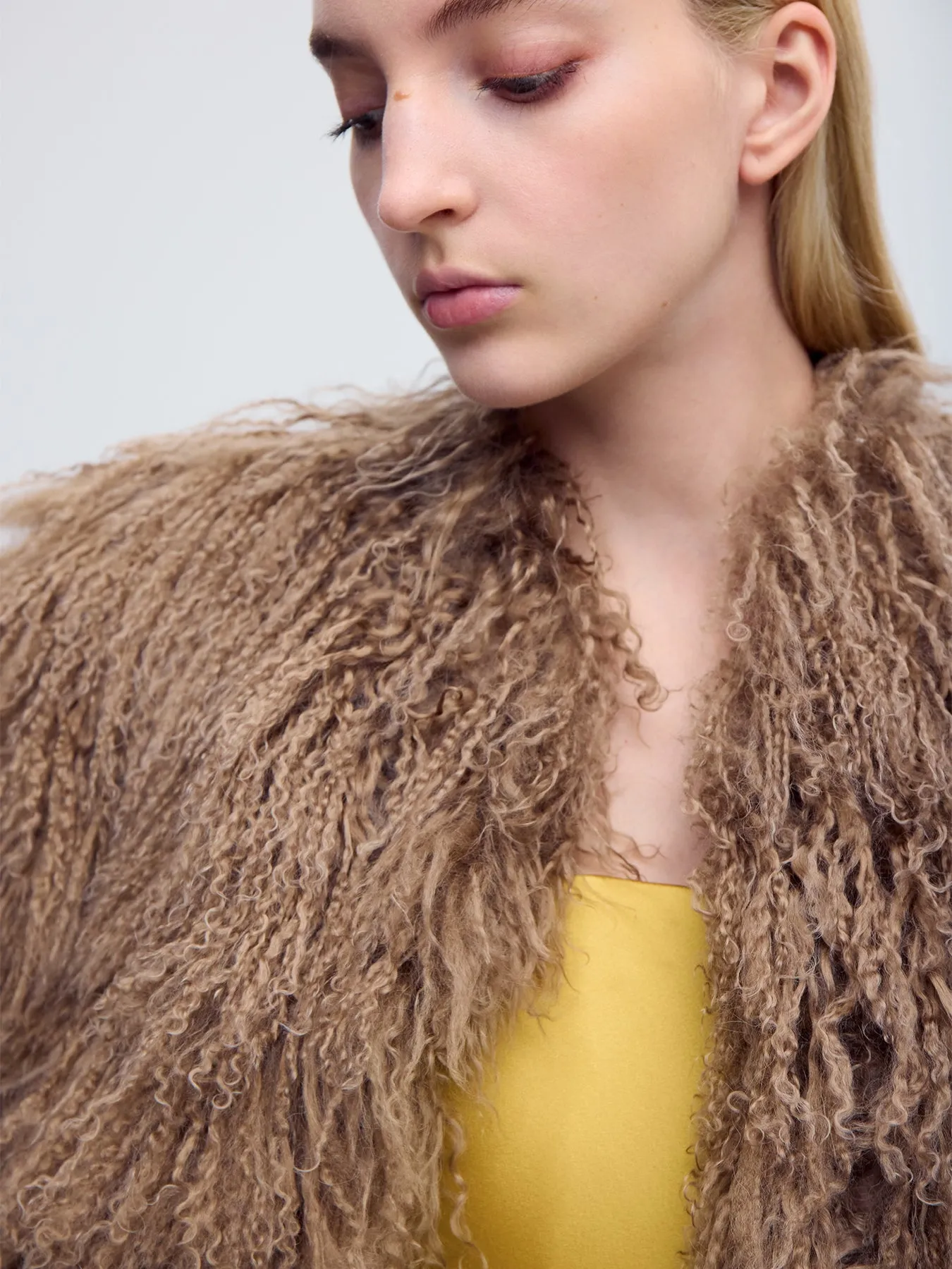 Mongolian Lamb Shearling Coat in Camel