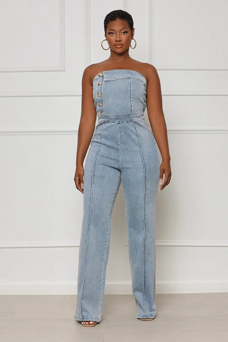 New Statement Denim Jumpsuit (Light Wash)- FINAL SALE