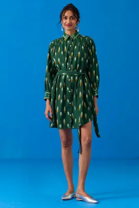 Okhai “Peacock Flare” Hand-Embroidered Ikkat Pure Cotton Shirt Dress