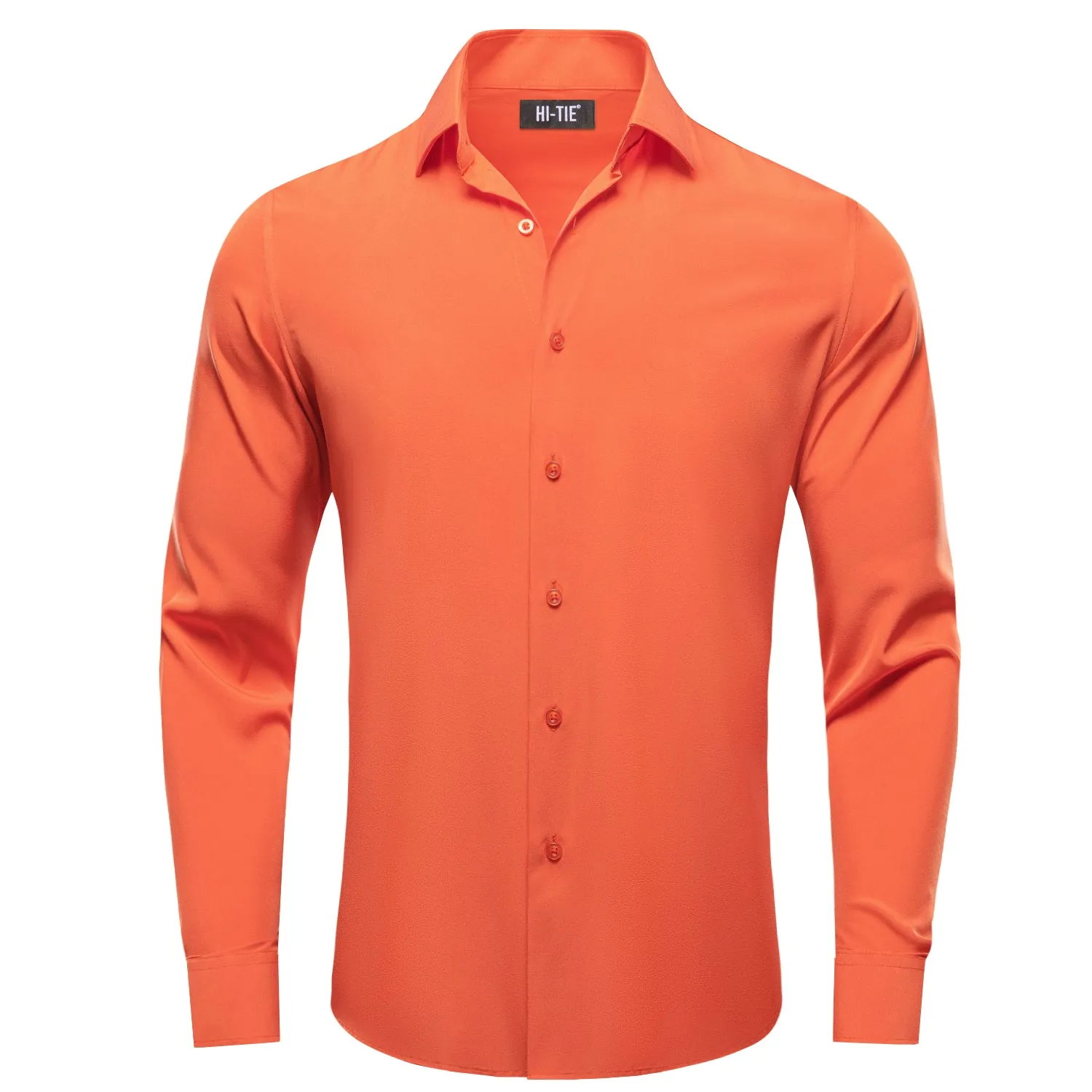 Orange Solid Four-way Stretch Fabric Men's Long Sleeve Shirt