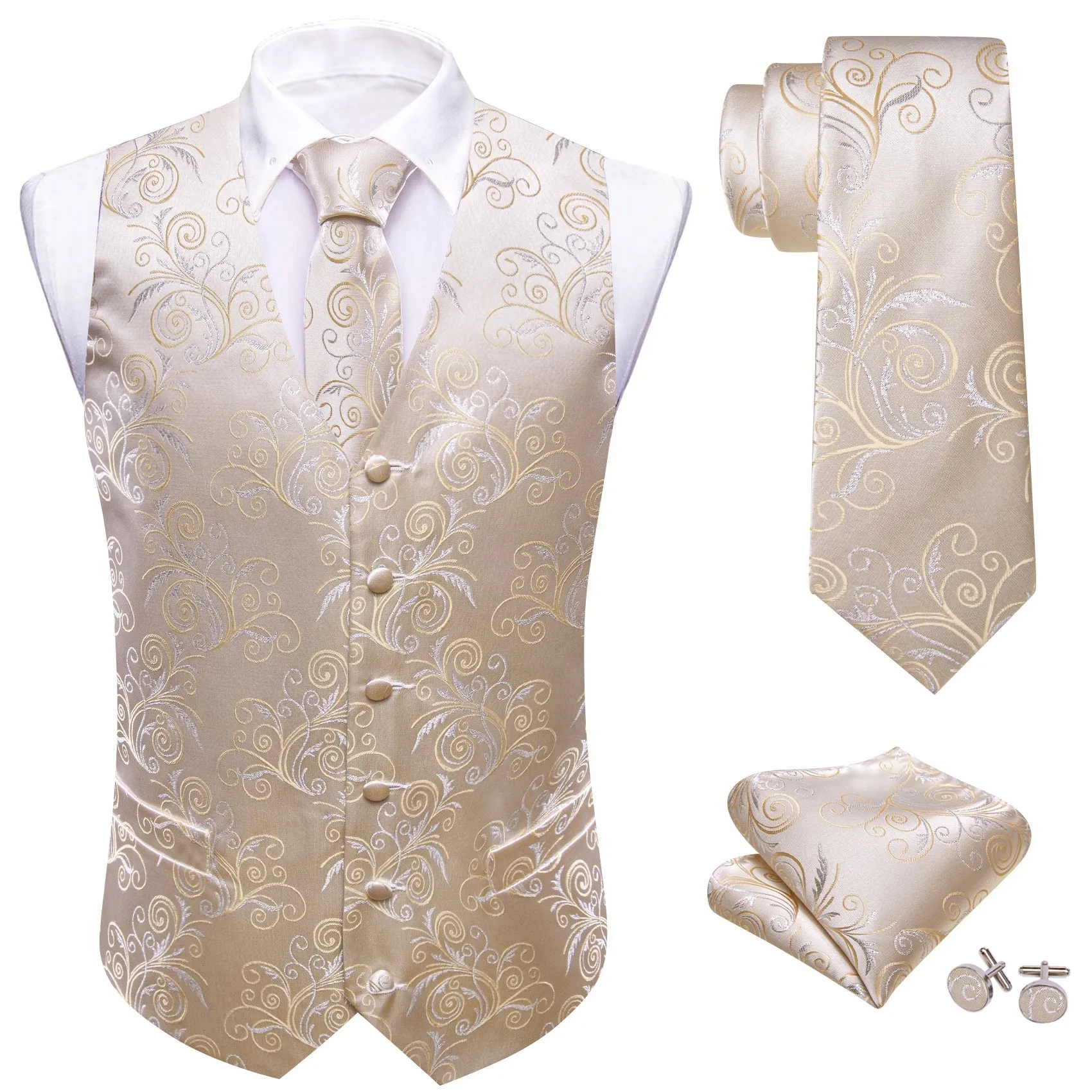 PeachPuff Floral Silk Men's Vest Hanky Cufflinks Tie Set