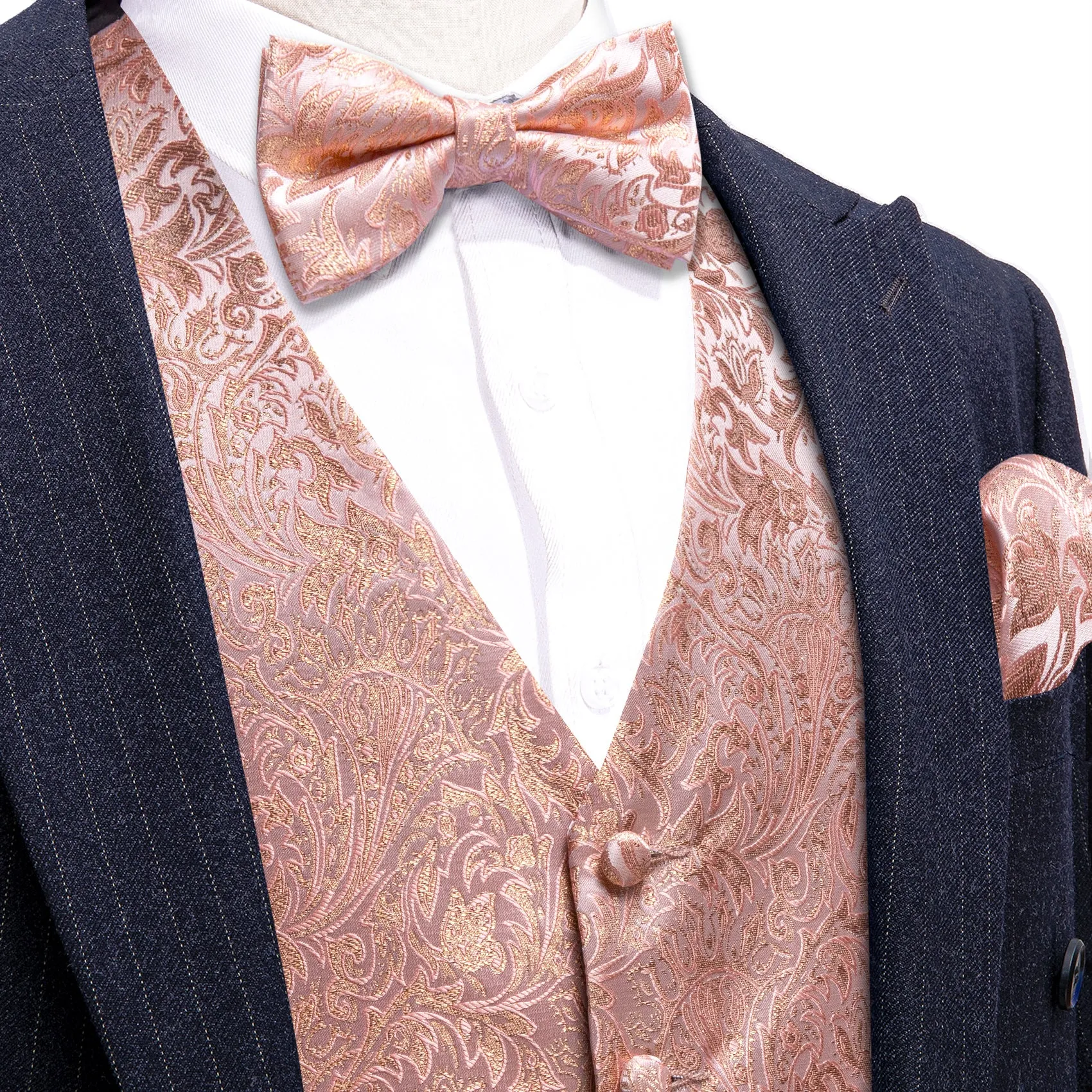 Pink Gold Floral Leaf Silk Men's Vest Bow Tie Handkerchief Cufflinks Set