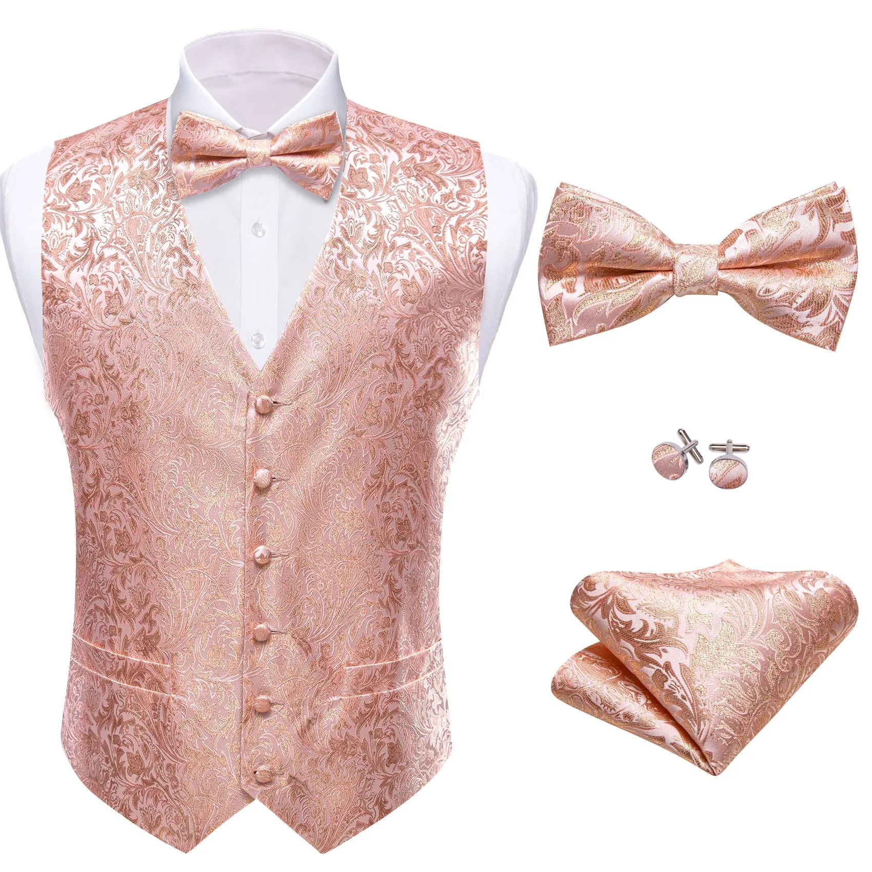 Pink Gold Floral Leaf Silk Men's Vest Bow Tie Handkerchief Cufflinks Set