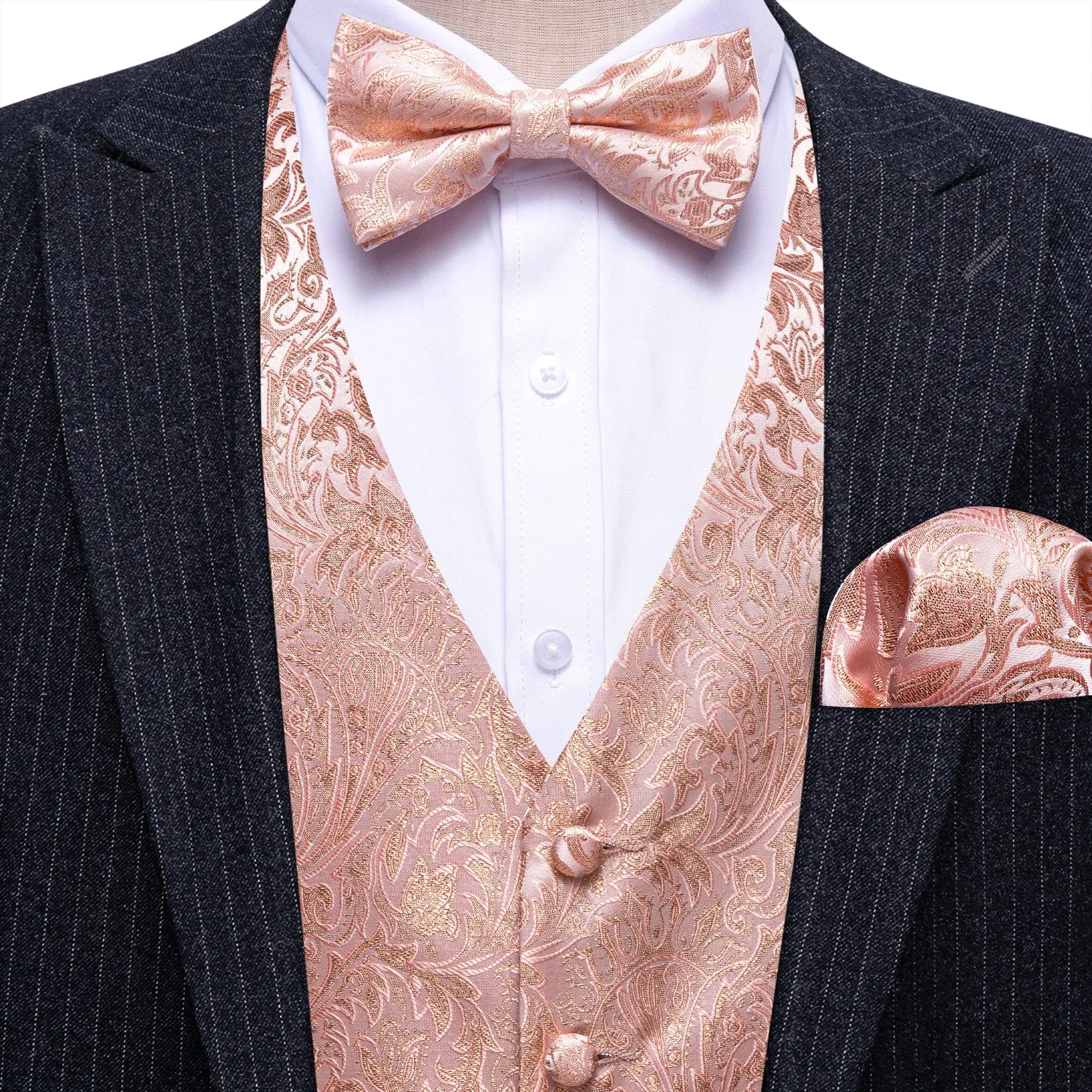 Pink Gold Floral Leaf Silk Men's Vest Bow Tie Handkerchief Cufflinks Set