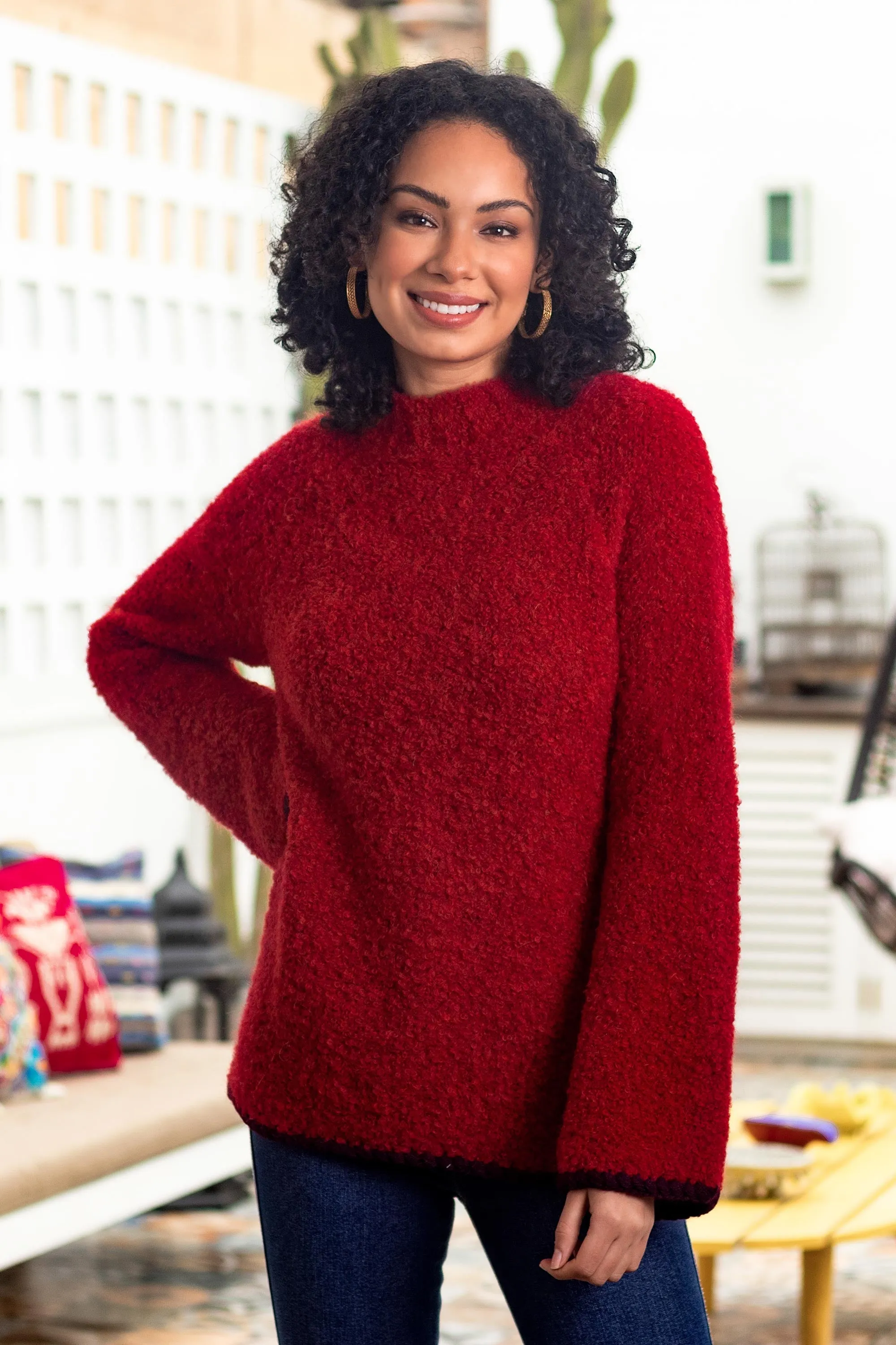 Plush and Warm Red Alpaca Blend Boucle Sweater - Sumptuous Warmth in Red | NOVICA