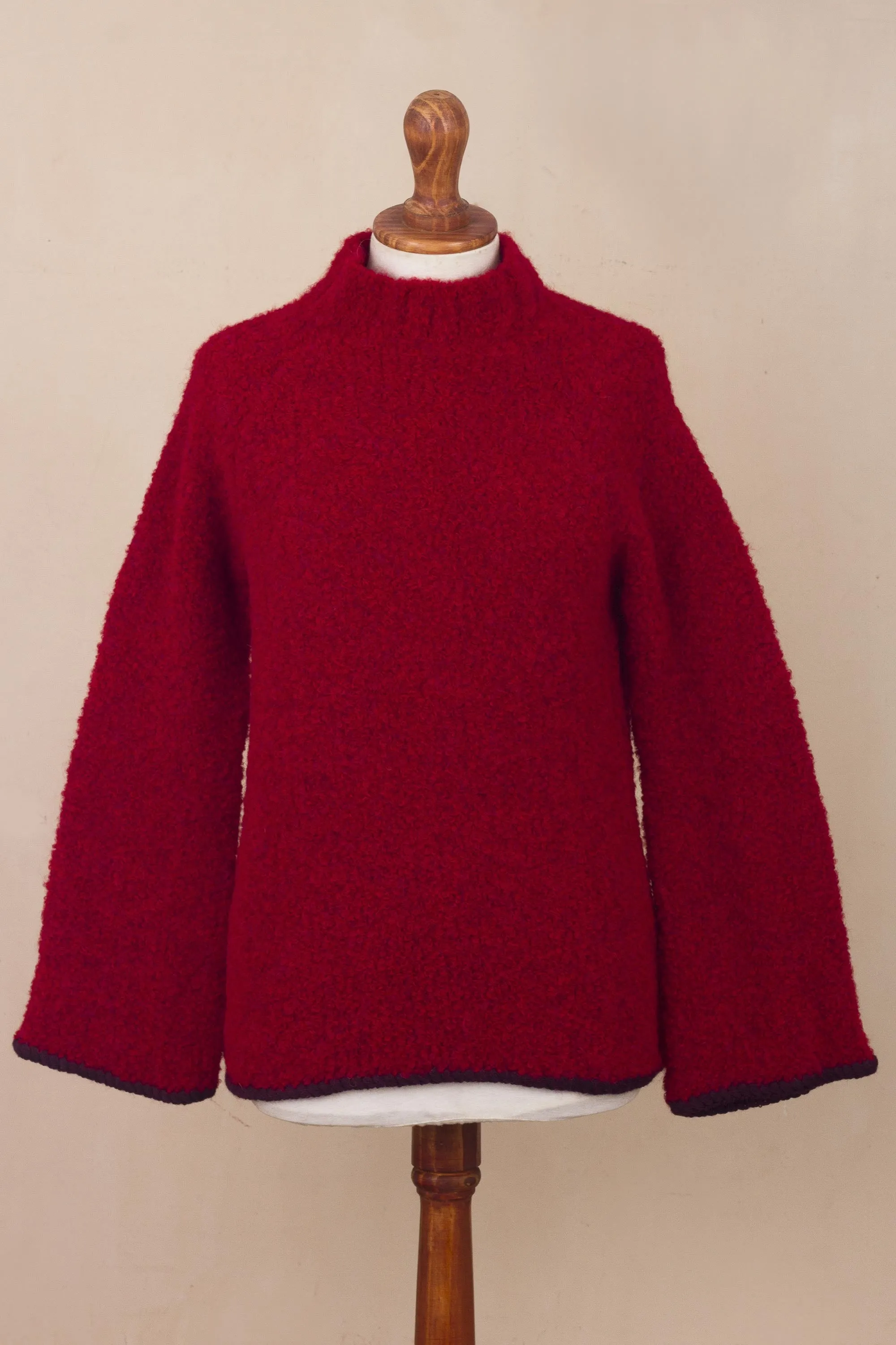 Plush and Warm Red Alpaca Blend Boucle Sweater - Sumptuous Warmth in Red | NOVICA