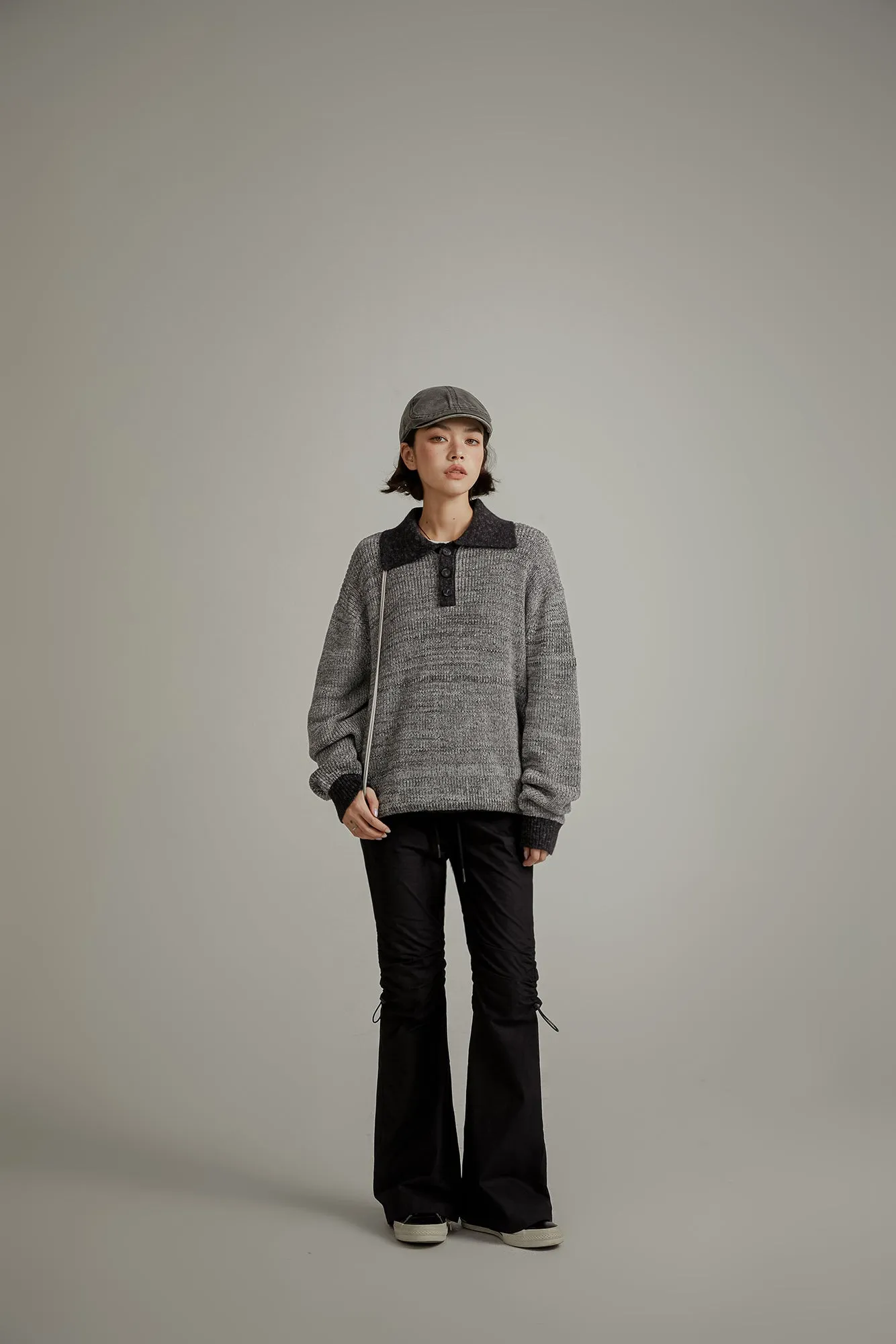 Polo Neck Color Combination Knit Sweater