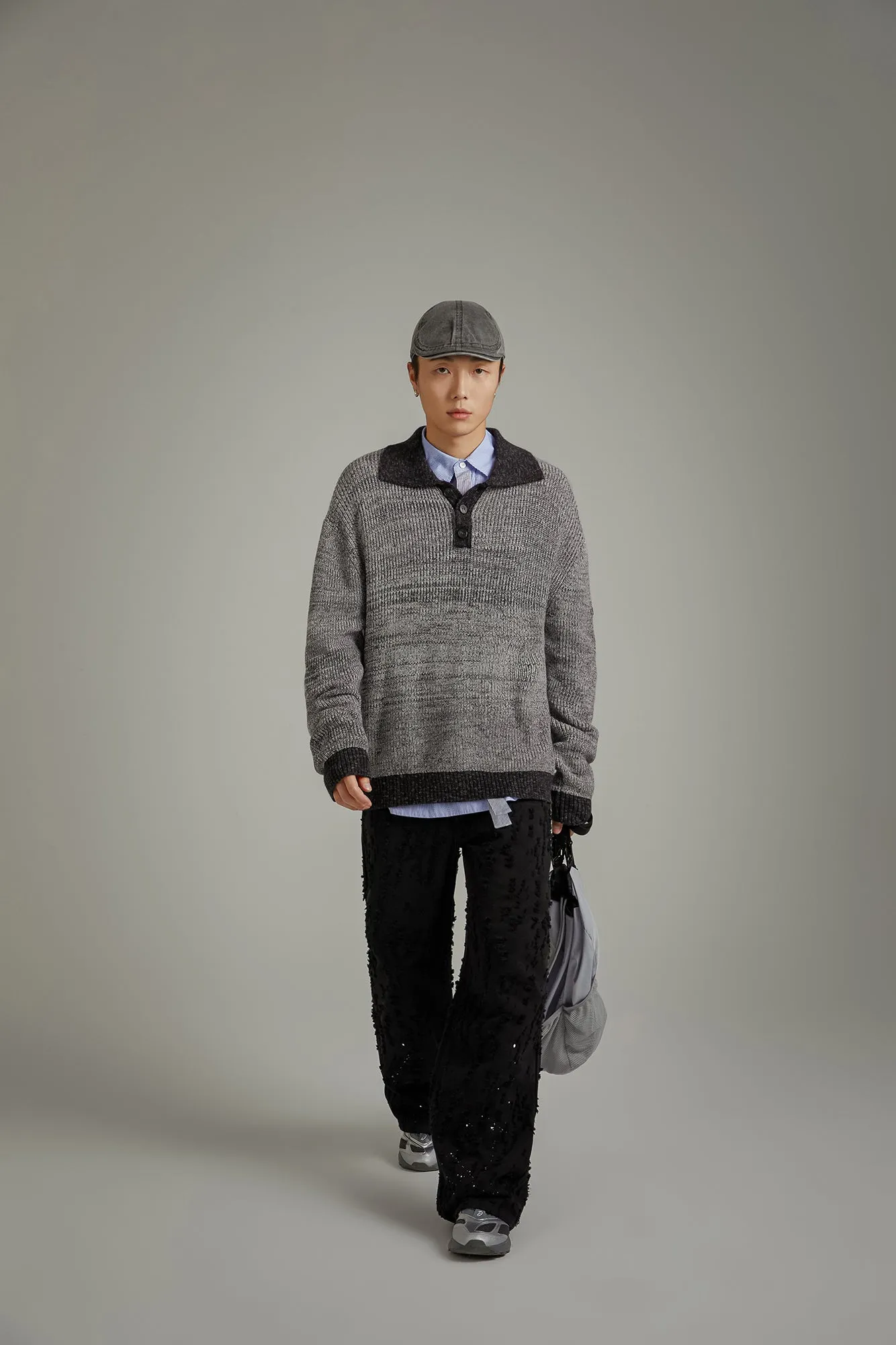 Polo Neck Color Combination Knit Sweater