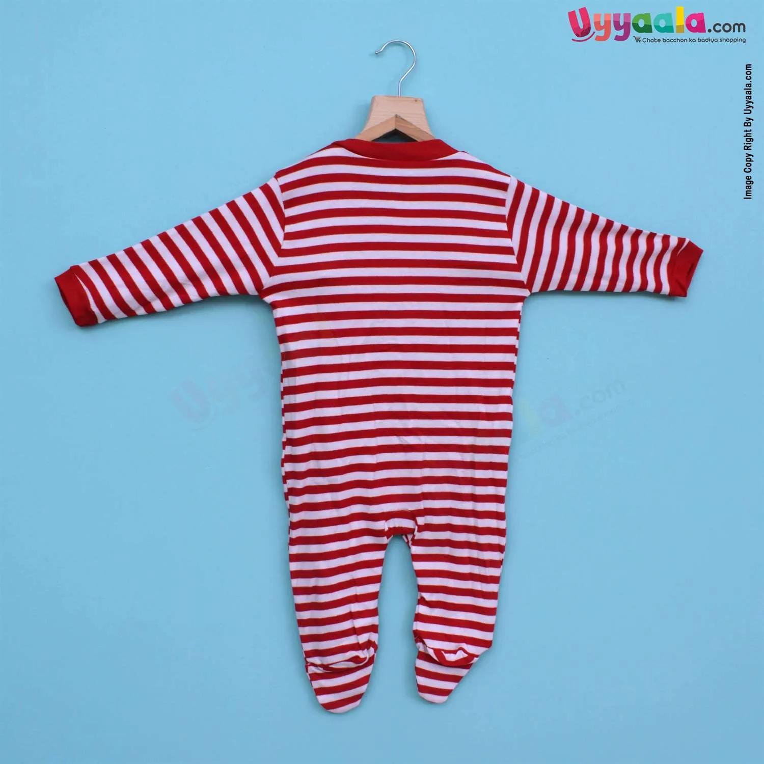 PRECIOUS ONE Sleep Suits soft Hosiery Cotton - Stripes Print Red & White, Plain Red and Christmas Printed White 3P Pack (9-12M)