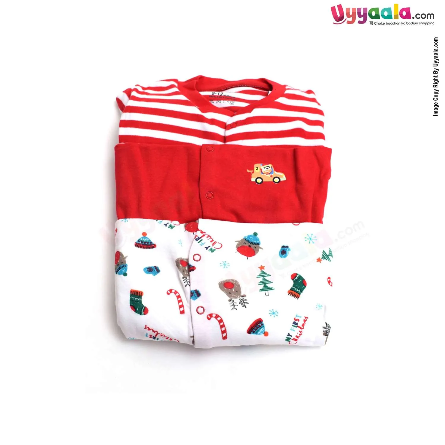 PRECIOUS ONE Sleep Suits soft Hosiery Cotton - Stripes Print Red & White, Plain Red and Christmas Printed White 3P Pack (9-12M)