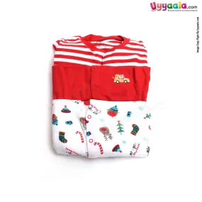 PRECIOUS ONE Sleep Suits soft Hosiery Cotton - Stripes Print Red & White, Plain Red and Christmas Printed White 3P Pack (9-12M)