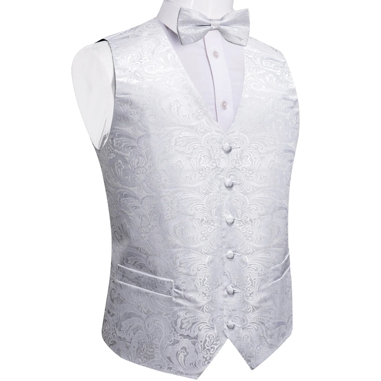 Pure White Paisley Jacquard Silk Men's Vest Bow Tie Handkerchief Cufflinks Set