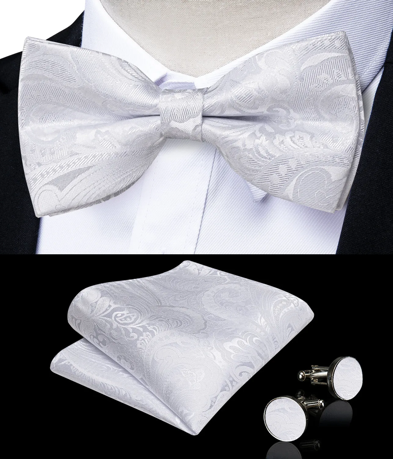 Pure White Paisley Jacquard Silk Men's Vest Bow Tie Handkerchief Cufflinks Set